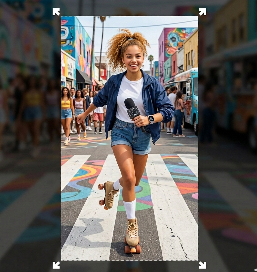 AI outpainting resizer example converting a 9:16 video into a 16:9 landscape video